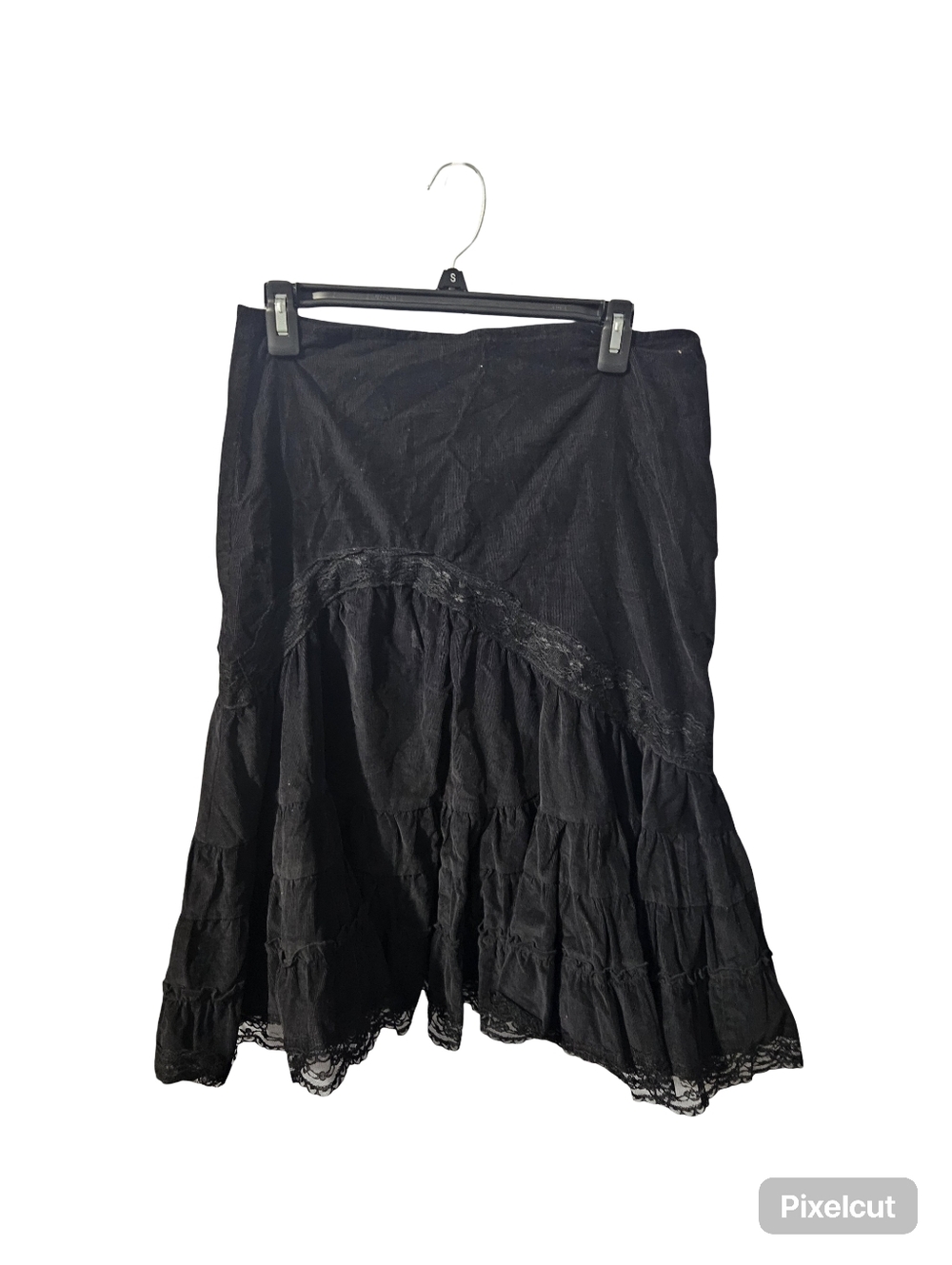 Goth Grunge Black Tiered Asymmetrical Lace-Trim Skirt